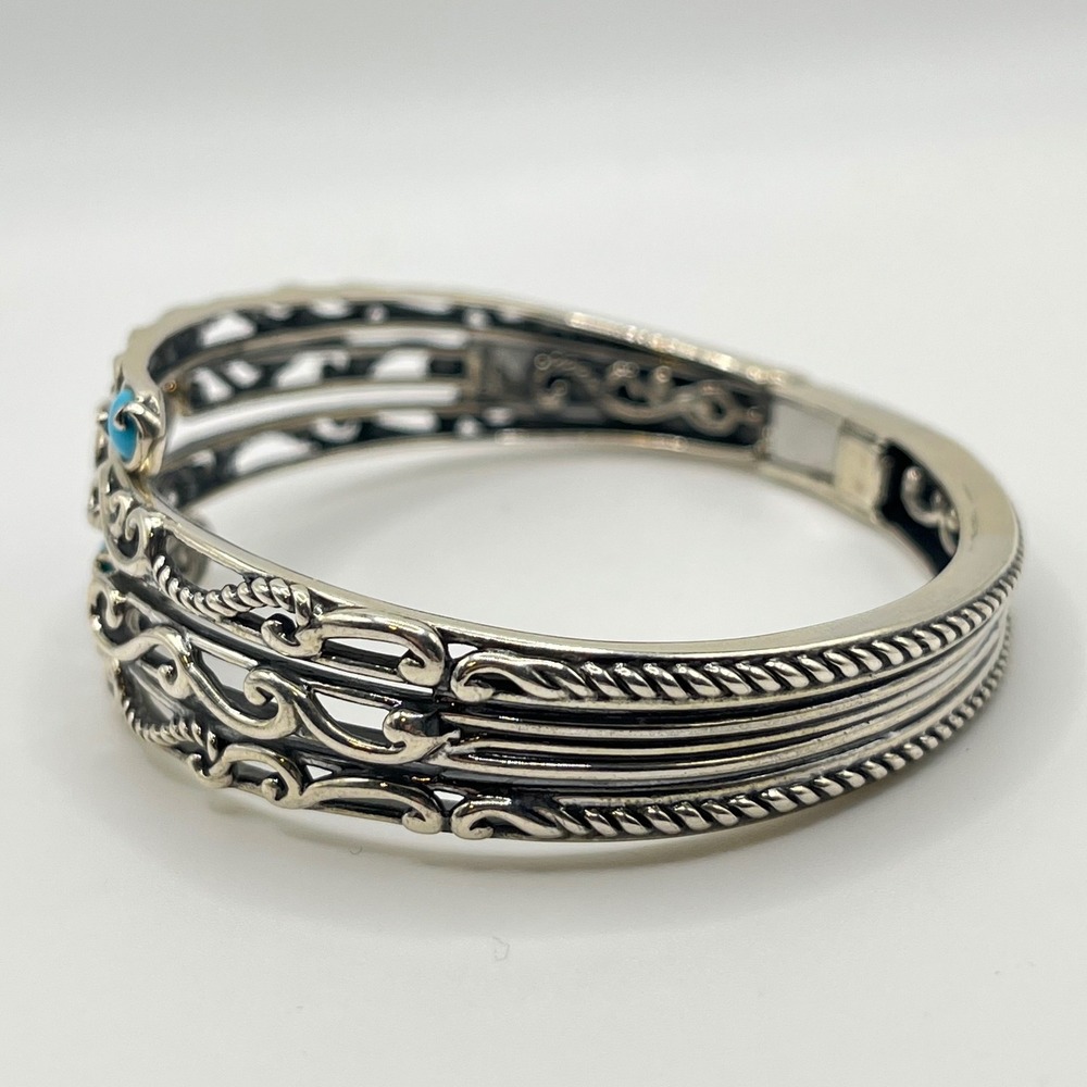 Carolyn Pollack Sterling Silver Turquoise Filigree Hinged Bypass Cuff Bracelet - Picture 3 of 8